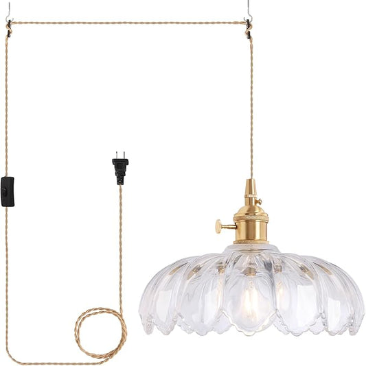 Shenmoyl Plug in Pendant Light Hanging Light Fixtures with Plugin Cord On/Off Switch,Clear Scindapsus Glass Lampshade Brass Pendant Light