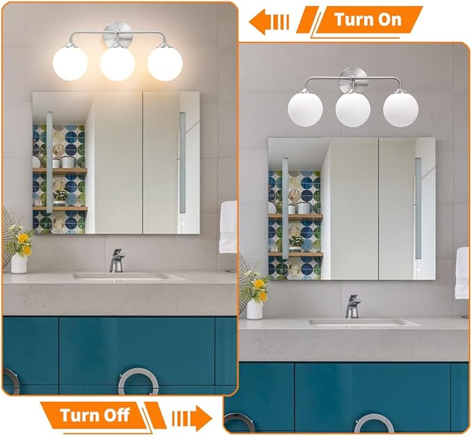 Elagant Modern Brushed Nickel Bathroom Vanity Lights, 3-Lights Bathroom Light Fixtures with Milky White Globe Glass Shade, Bathroom Wall Sconces Light over Mirror Dressing Table Bedroom Living Room