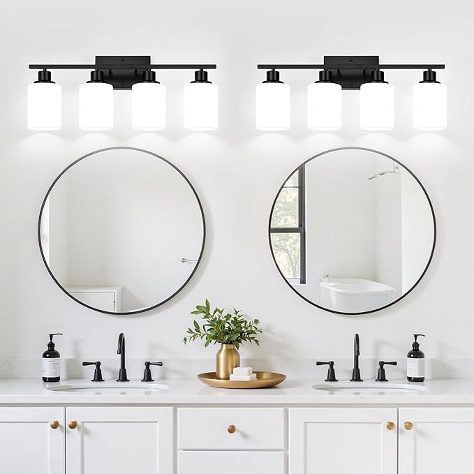 Indoi 4-Light Bathroom Light Fixtures, Matte Black Vanity Lights with Milk Glass Shades, Modern Bathroom Wall Lamp for Mirror Living Room Bedroom Porch