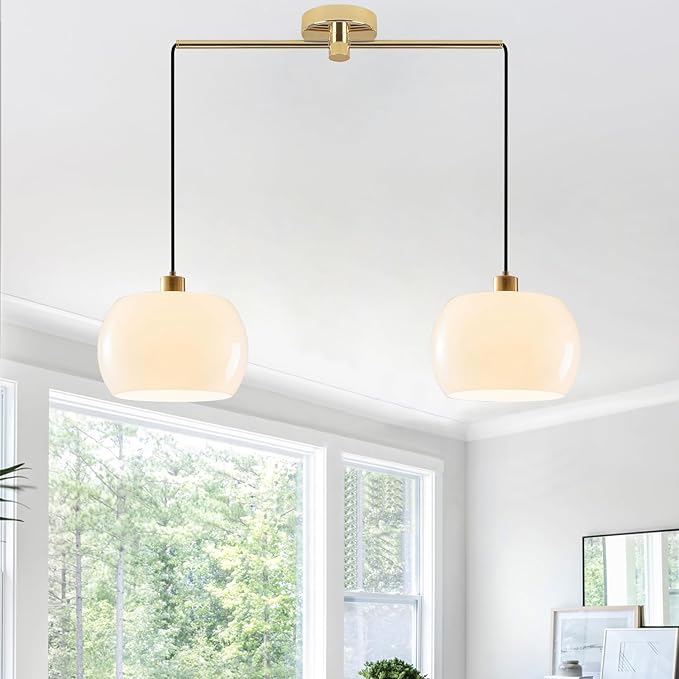 Modern Living Room Pendant Light 2-Light White Glass Pendant Light with Golden Brass Finished, Modern Adjustable Kitchen Island Light Fixture Gold Hanging Light for Dining Room Farmhouse