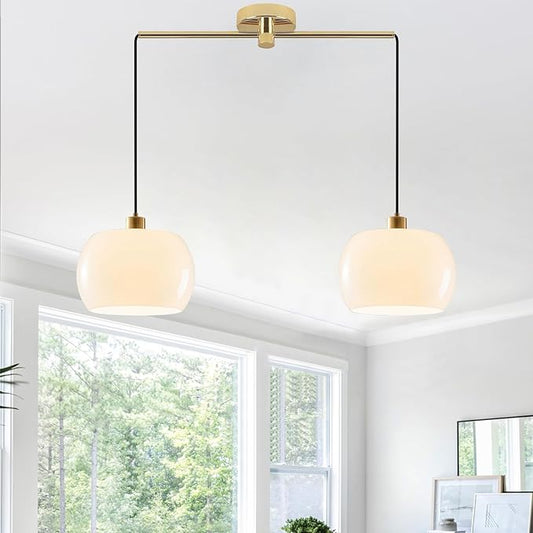 Modern Living Room Pendant Light 2-Light White Glass Pendant Light with Golden Brass Finished, Modern Adjustable Kitchen Island Light Fixture Gold Hanging Light for Dining Room Farmhouse