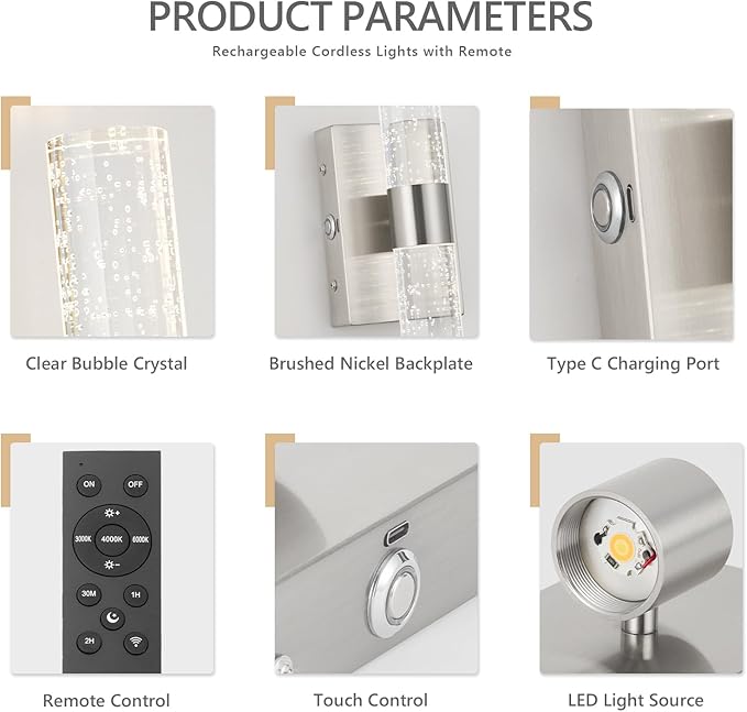 Brushed Nickel Battery Operated Wall Sconces Set of 2, 20000mAh Rechargeable Wall Light with Remote Control, 3000K-6000K Dimmable LED Wireless Sconces for Bedroom, Living Room, 15.6 Inch