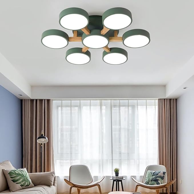 7-Lights LED Ceiling Light Fixture,32 Inch Modern Ceiling Lights Flush Mount Wooden 84W Chandelier for Living Room Bedroom Kitchen,Dimmable 3000K/4000K/6000K Temperatures Selectable Green