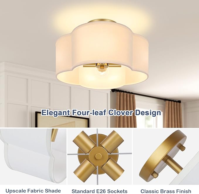 4-Light 14.4'' Semi Flush Mount Ceiling Light Fixture, Gold Modern Close to Ceiling Lamp with White Fabric Shade, Farmhouse Bright Lighting Brass Finish for Nursery Kids Room Bedroom Hallway Entryway