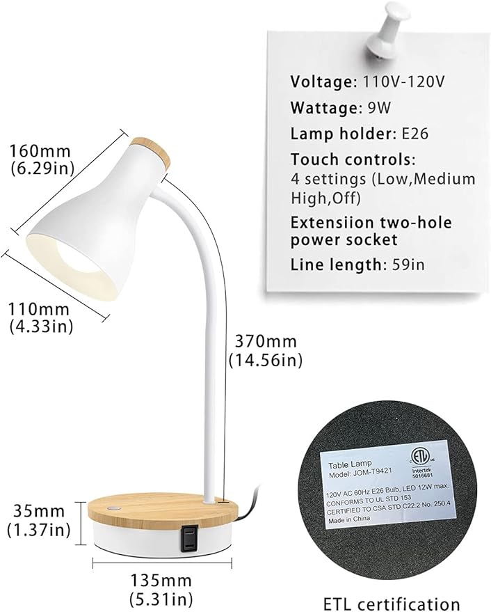 LALISU Metal Desk Lamp Wireless Charging Table Lamp Touch Reading Lights Arc Desk Lamps for Bedroom, 3 Way Dimmable Bedside Lamp with USB Charging Ports Lamp for Study Room and Office (Touch-White)