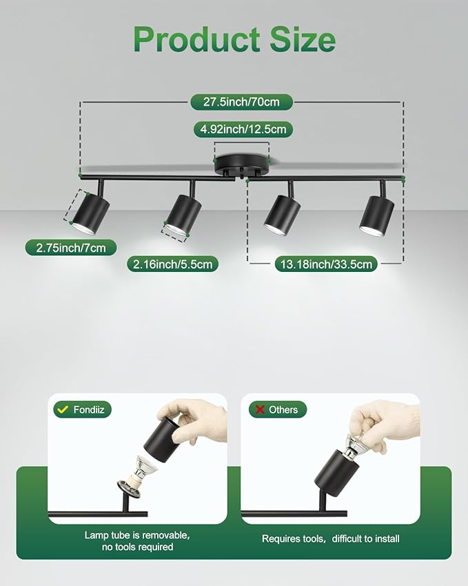 4 Ways Track Lighting, Rotatable Heads Tracks Light, Track Lightings Fixtures Ceiling with Foldable Arms, Modern Black Tracks Light for Kitchen, Living Room, Hallway(Bulbs Not Included)