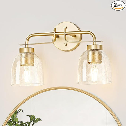16 Inch Vanity Lights, 2-Light Golden Modern Industrial Bathroom Light Fixtures with Bell Bubble Glass Shade, Wall Sconce for Bathroom Mirror, Bedroom, Hallway (2 Pack)