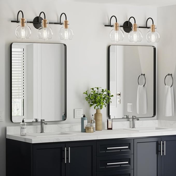 Bathroom Light Fixtures, Black and Copper 3 Light Bathroom Vanity Light, Modern Wall Sconce Black with Red Copper, Vanity Lights Over Mirror with Globe Glass Shade and Metal Base