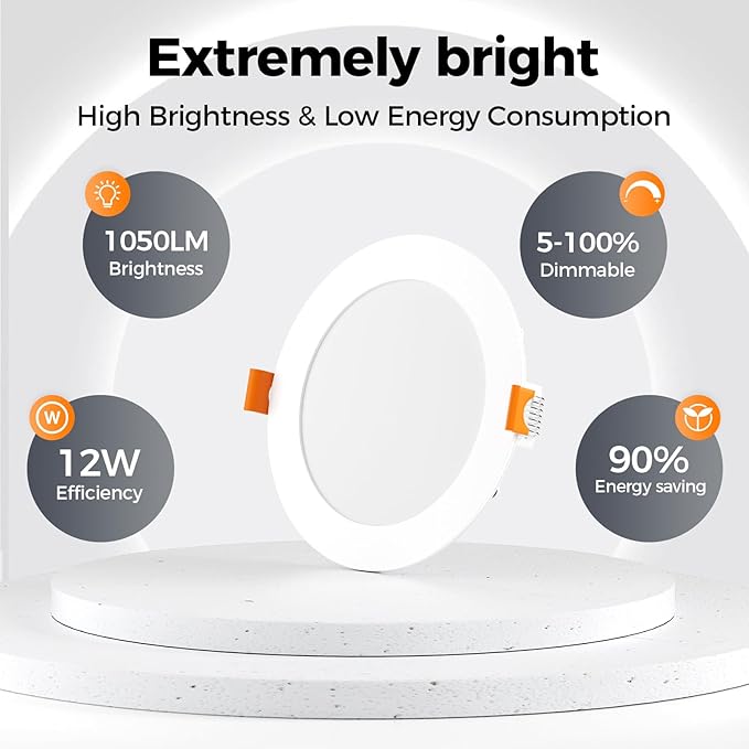 CHARKEE 36 Pack 6 Inch 5CCT Ultra-Thin LED Recessed Ceiling Light with Junction Box, 2700K-5000K, 1050LM High Brightness, Dimmable Canless Wafer Downlight,12W Eqv 110W, ETL & Energy Star & FCC