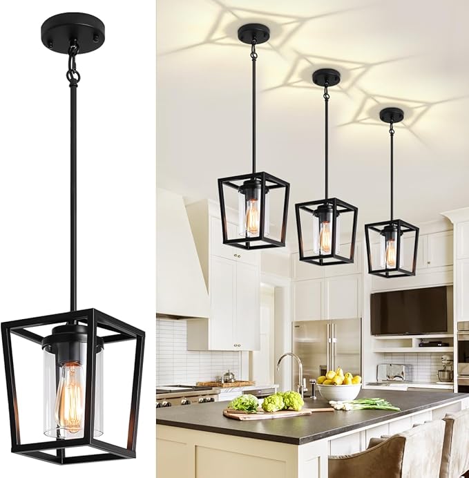 Pendant Lights Kitchen Island,Farmhouse Black Pendant Light Fixture, Lantern Hanging Light Fixture Kitchen Chandelier for Dining Room Foyer Hallway Light