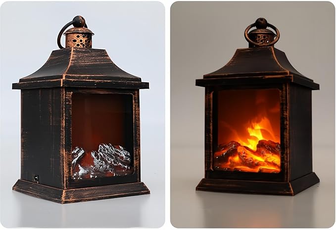 Simulated LED Fireplace Lantern USB & Battery Powered Flameless Light with Emulation Flame Table Decorative Lamp Copper Fireplace Ornament for Cozy Home Decor Free Standing Electric Log Burner