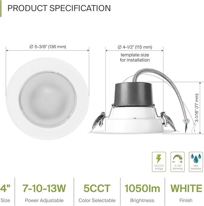 ASD 4 Inch Commercial Canless LED Downlight, Power Adjustable 7/10/13W Lighting, Dimmable Recessed Ceiling Light Fixture, 5 Color Temperatures 2700K-5000K, 120-277V IC Rated UL & Energy Star 8 Pack