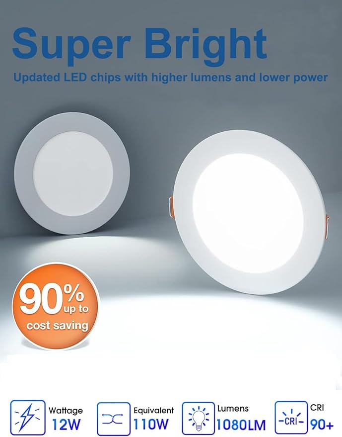 12 Pack 6 Inch Ultra-Thin LED Recessed Ceiling Light with Junction Box, LED recessed Lighting 6 inch 12W 110W Eqv, LED Downlights,1050LM High Brightness can Lights。