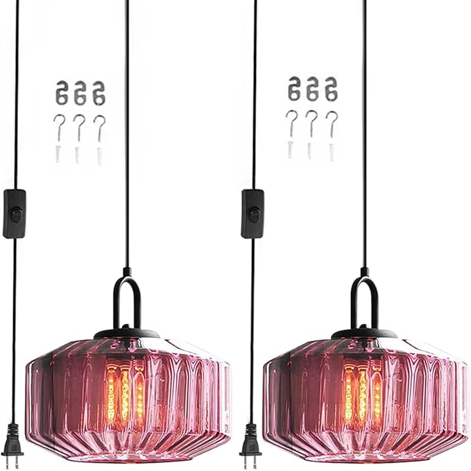 Hanging Pendant Light Plug in Vintage Plug in Hanging Light Fixture with 14.7 ft Cord Purple Striped Glass Shade Pendant Light Plug in Glass for Dining Room Farmhouse Kitchen Island