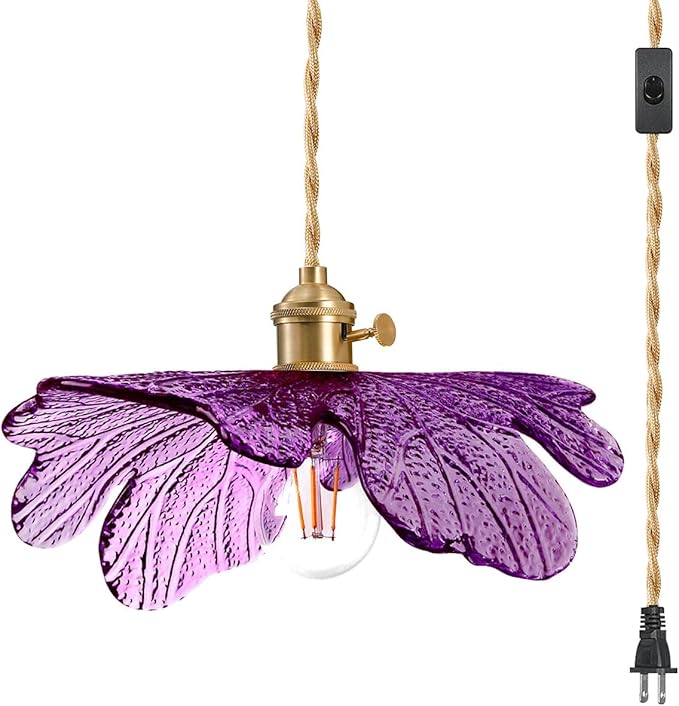 14.75ft Plug in Hanging Lamp with Purple Shade Vintage Plug in Glass Hanging Light Fixture ON Off Switch Mid Century Modern Pendant Light for Dining Room Kitchen Girls Room Bedroom
