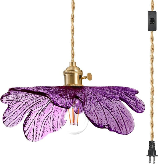 14.75ft Plug in Hanging Lamp with Purple Shade Vintage Plug in Glass Hanging Light Fixture ON Off Switch Mid Century Modern Pendant Light for Dining Room Kitchen Girls Room Bedroom