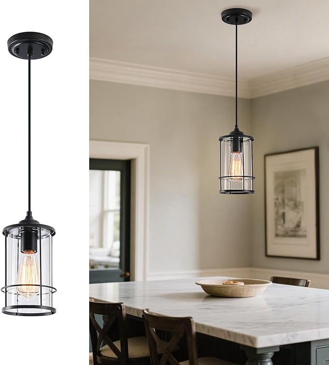 AKEZON Black Pendant Light Kitchen Island Glass Pendant Light Fixture, Kitchen Hanging Lights with Clear Glass, Modern Farmhouse Cage Pendant Lights for Dining Room Hallway Bathroom