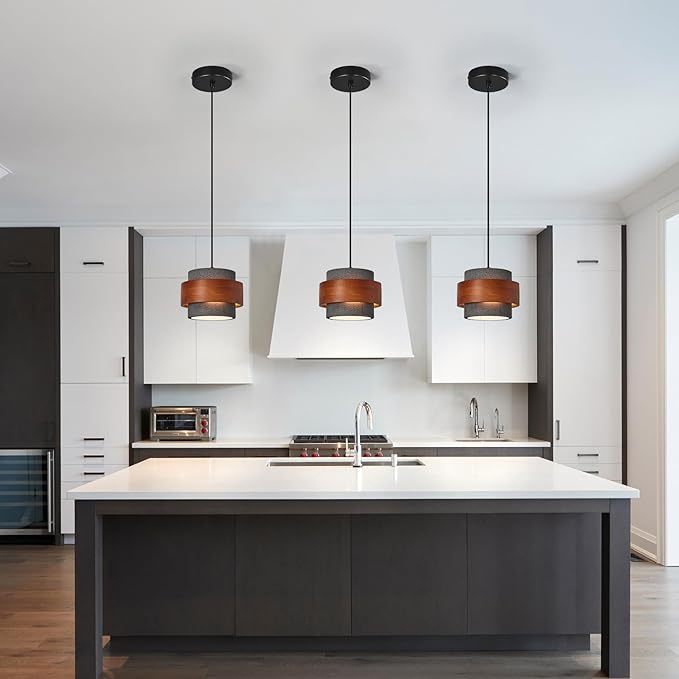 Modern Cement Pendant Light Fixture,Concrete Pendant Lights with Wood Accent,Vintage Farmhouse Chandelier for Kitchen Island Dining Room Living Room Bedroom Restaurant Cafe(Black 2-Pack)