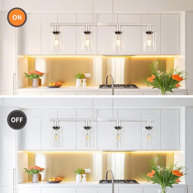 Brushed Nickel 4-Light Kitchen Island Lighting, Adjustable Island Lights for Kitchen with Clear Glass Shades - Kitchen Pendant Lighting over Sink, Farmhouse Chandelier for Dining Tables & Bars