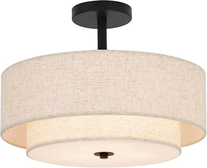 15.7 inch Modern Ceiling Light, Double Fabric Ceiling Lamp, 3 Light Black Semi-Flush Mount Ceiling Lights, Round Ceiling Light Fixture for Bedroom, Kitchen, Dining Room, Hallway，Living Room