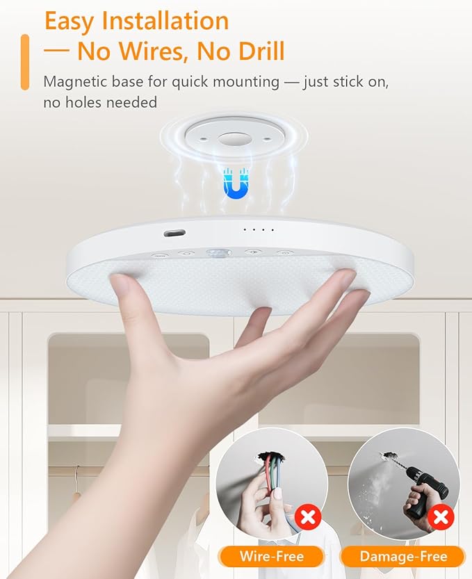 Rechargeable 6W Motion Sensor Ceiling Light Indoor, No Wiring & Magnetic Stick-On, Remote Control for Color & Brightness, Battery Operated Light for Shower, Closet, Bathroom, Pantry, Hallway, 1-Pack
