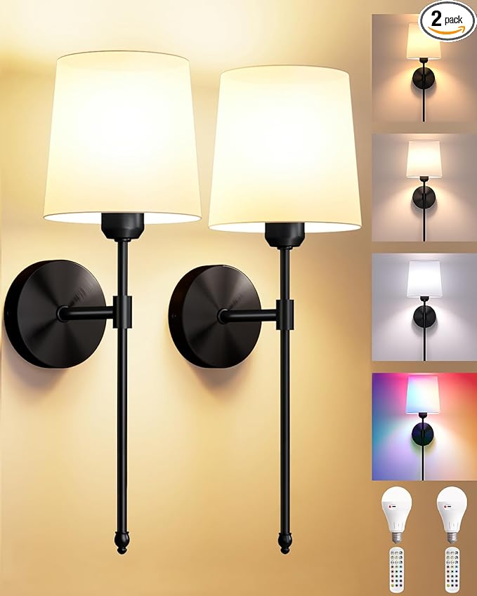 Ouyulong Battery Operated Wall Sconces Set of 2, Wireless Rechargeable Dimmable Wall Light with 5600mAh RGB Bulb and Remote for Bedroom, Living Room, Hallway 24in Black