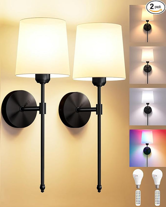Ouyulong Battery Operated Wall Sconces Set of 2, Wireless Rechargeable Dimmable Wall Light with 5600mAh RGB Bulb and Remote for Bedroom, Living Room, Hallway 24in Black