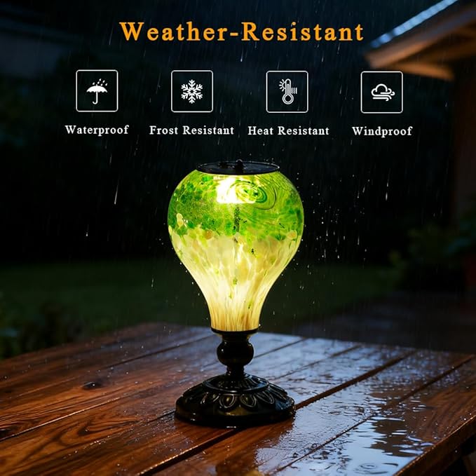 Outdoor Table Lamp Waterproof Glass Table Lamp 9.8" H Hot Air Balloon Solar Lamps Led Garden Lights for Patio Desk Garden Yard Tabletop Decor Ideal Gifts(Green)
