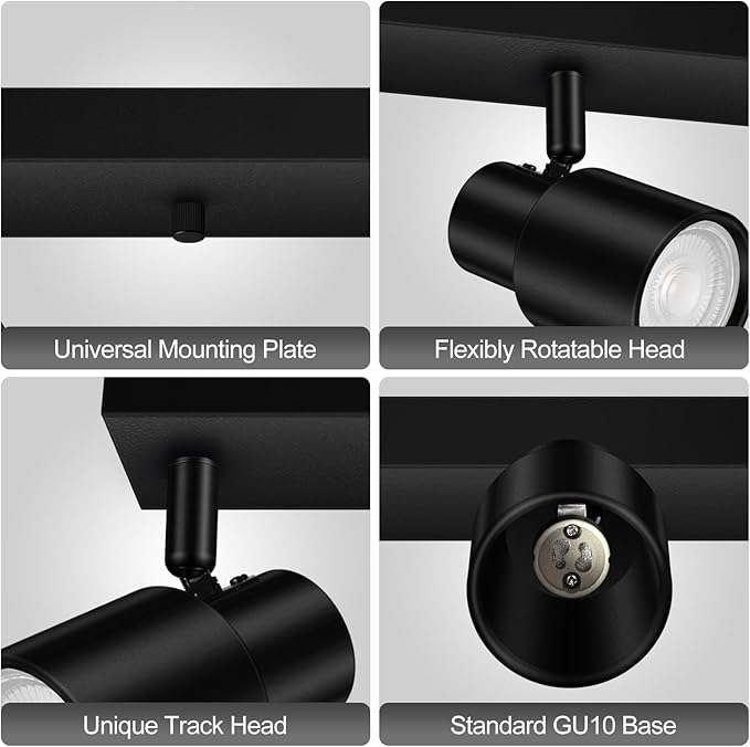 Plug in Track Lighting, 23" LED Track Lighting Fixtures Ceiling, Black 4 Way Spotlight, Rotatable Track Head, Plug in Ceiling Light with Power Cord, Plug Wall Light for Kitchen Hallway(GU10, NO Bulb)