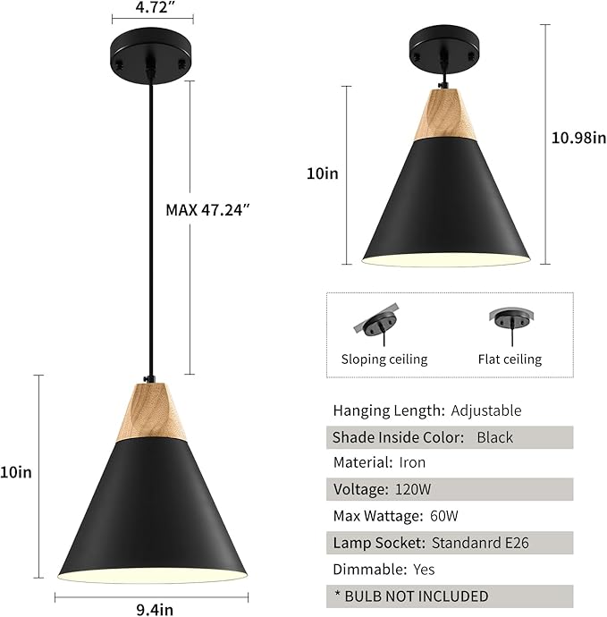 Modern Pendant Lights, 3 Packs 9.4inch Black Pendant Light, Kitchen Pendant Lights, Farmhouse Pendant Light for Kitchen, Living Room, Bar, Bedroom, Office