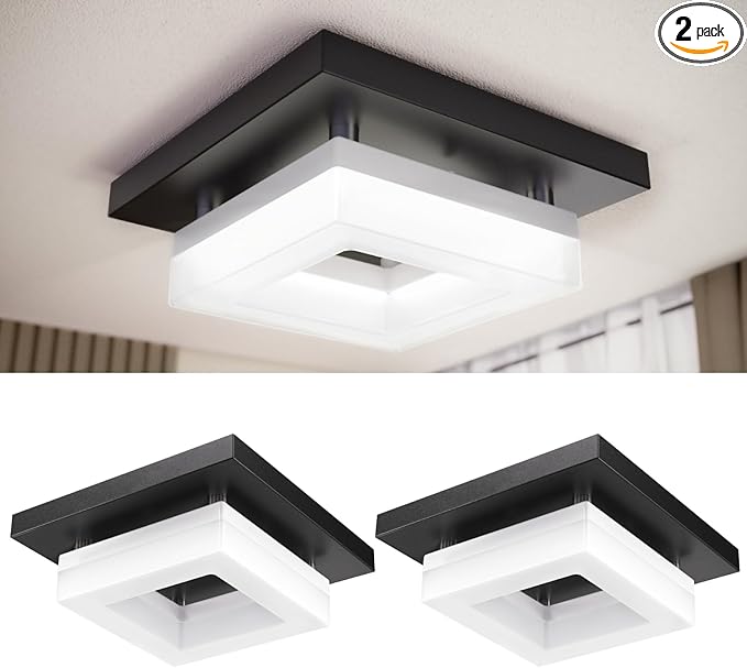 Sunco 8 Inch Square LED Flush Mount Black Ceiling Light Fixture 3000K/4000K/4500K/5000K/6500K Selectable CCT Switch, 1800LM High Brightness Damp Rated 2 Pack.