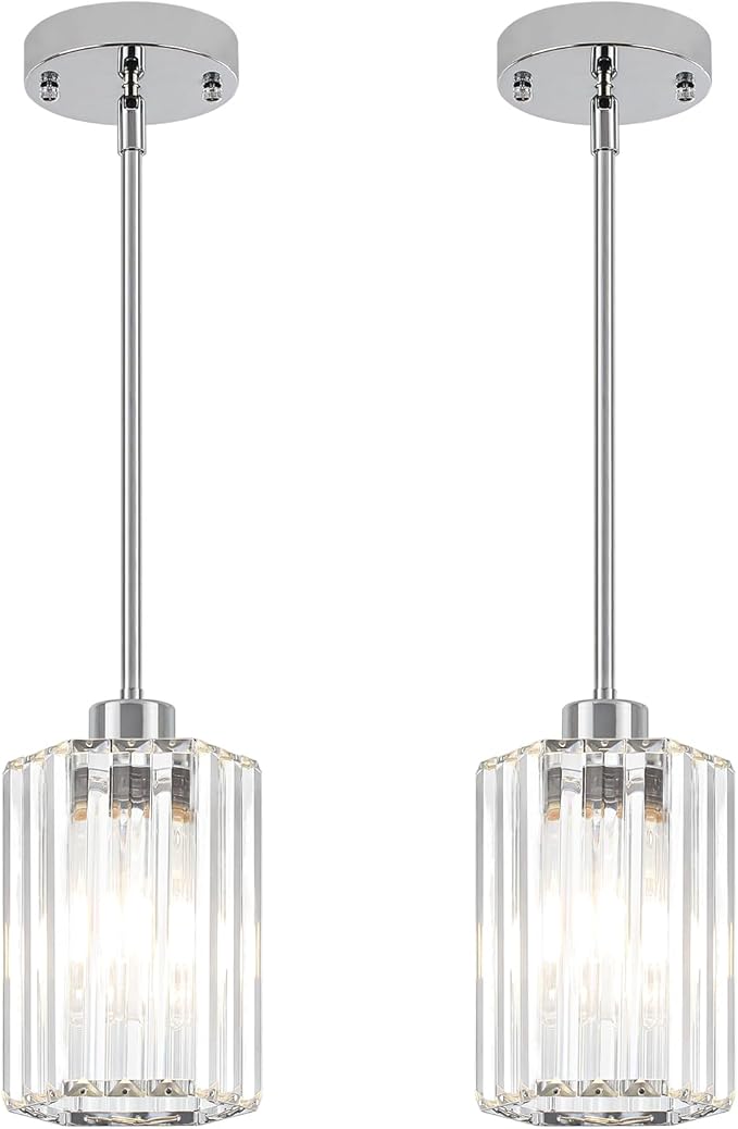 2-Pack Chrome Pendant Lights Kitchen Island Modern Crystal Hanging Pendant Light Hexagonal Mini Chandelier Adjustable Hanging Kitchen Lights for Dining Room Hallway Bedroom Entryway Light Fixture