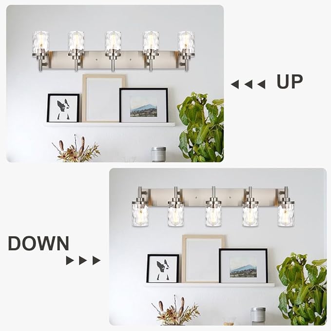 Bathroom Vanity Lighting Fixtures 5 Lights,Brushed Nickel Bathroom Vanity Lights with Clear Hammered Shade Wall Sconce Lighting Modern Farmhouse Bath Lighting