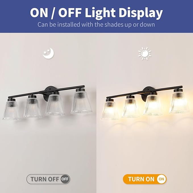OCIOC Bathroom Vanity Light, 4-Light Modern Matte Black Wall Sconce with Glass Shade, Black Wall Light fixture, Bath Vintage Wall Mounted Lamps for Mirror Bedroom,Living Room