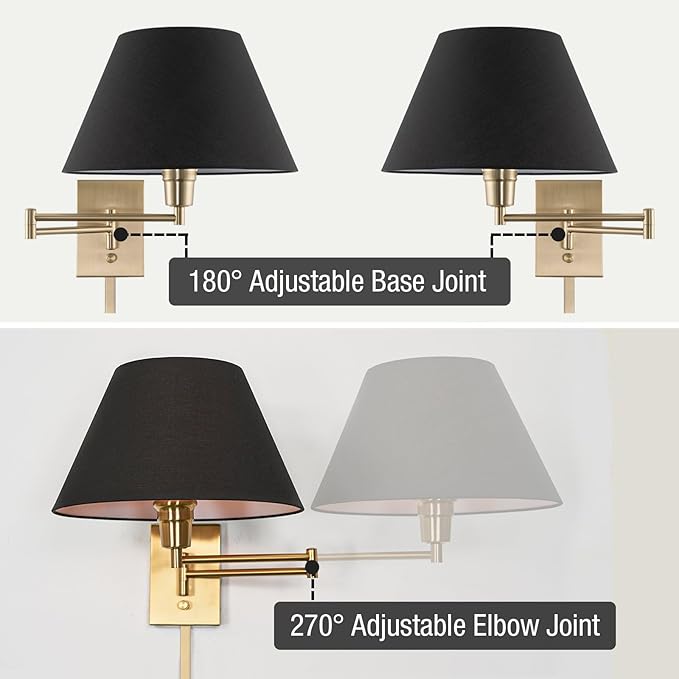 Kira Home Cambridge 15" Set of 2 Modern Swing Arm Gold Wall Sconce with Black Empire Fabric Shade, 2-in-1 Plug in or Hardwired Gold Wall Lamp with 3-Way Switch, Cool Brass Finish