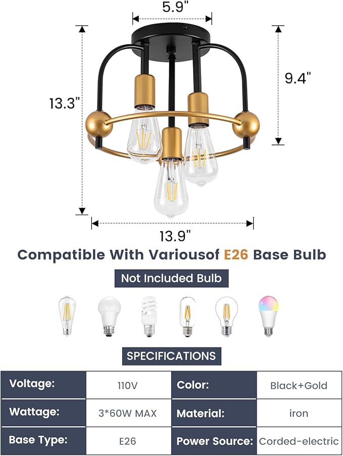 3 Light Industrial Ceiling Light Black Gold Semi Flush Mount Lights Close to Ceiling Light Fixtures,cage design Farmhouse Ceiling Lighting for Kitchen Bedroom Bathroom Foyer Hallway (E26, 2Pack)