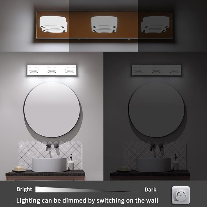 3 Light Bathroom Vanity Light, Modern Chrome Bathroom Light Fixtures Over Mirror, Bath Lamps Wall Scone 18W LED Vanity Lights with 360°Rotating Lamp Head