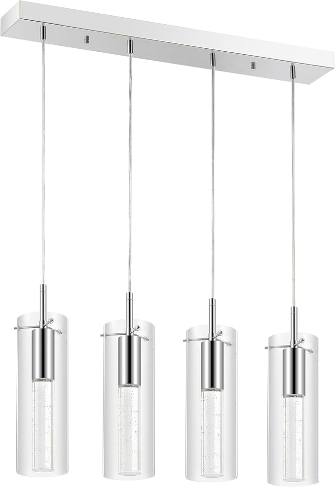 JONATHAN Y 29.5" Chrome 4-Light Modern Integrated LED Linear Pendant Light, Clear Glass Shades, Glam Chandelier for Kitchen Island and Dining Room, Dimmable, Adjustable Height (JYL1706A)