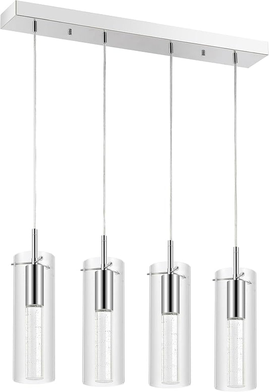 JONATHAN Y 29.5" Chrome 4-Light Modern Integrated LED Linear Pendant Light, Clear Glass Shades, Glam Chandelier for Kitchen Island and Dining Room, Dimmable, Adjustable Height (JYL1706A)