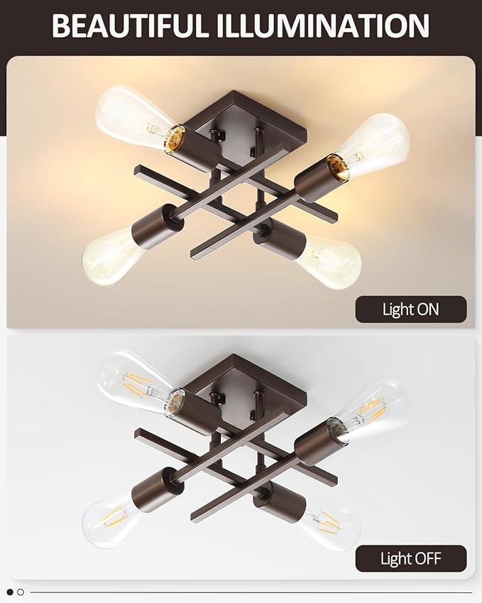 Industrial 4-Light Semi Flush Mount Ceiling Light Fixture, Modern Oil Rubbed Bronze Chandelier Lighting, Farmhouse Sputnik Ceiling Lamp with E26 Bulb Base for Living Room Hallway Entryway