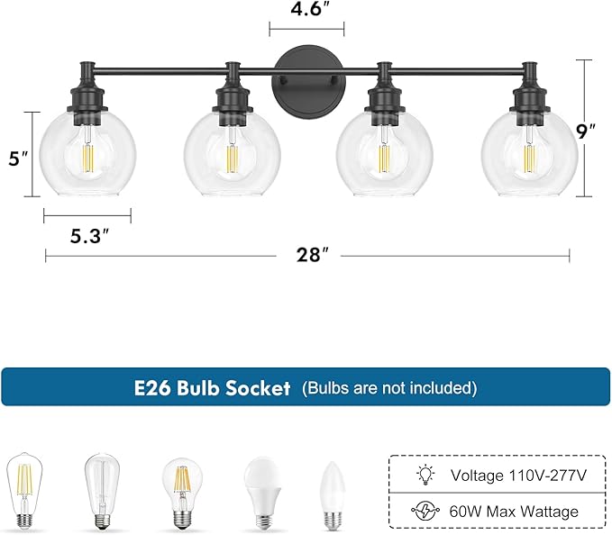 Bathroom Light Fixtures, 4-Light Matte Black Vanity Light Globe Glass Shades, Bathroom Lighting Fixtures Over Mirror, Wall Sconces for Master Bathroom, Guest Bathroom, Powder Room, 28-inch