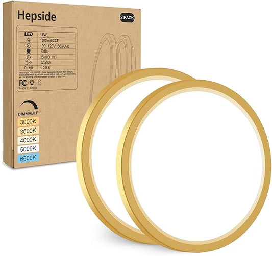 hepside 2Pack LED Flush Mount Ceiling Light Fixture Golden, 7Inch 15W, Dimmable&3000K-6500K Adjustable Low Profile Ceiling Lights, 1500LM Round Lamp for Bathroom, Bedroom, Closet, Kitchen, Hallway