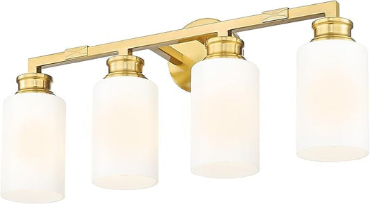 Emliviar 4-Light Gold Bathroom Light Fixtures, Modern Vanity Light with Milk White Glass, Brushed Brass Wall Sconce Over Mirror, YCE253B-4W BG