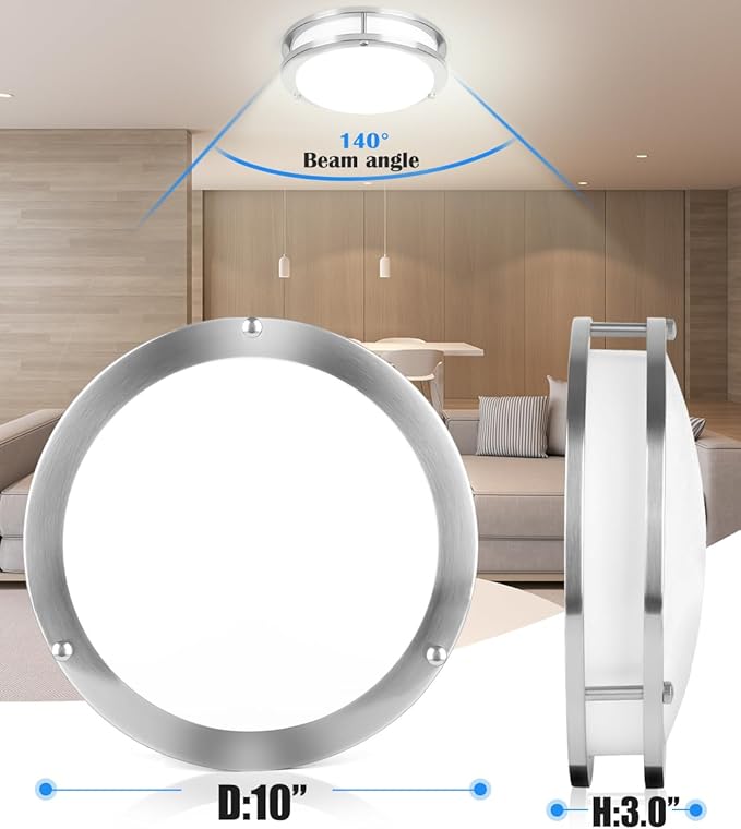 Brushed Nickel Ceiling Light, 10 Inch LED Ceiling Light Fixture for Bathroom,17W, 2700K/3000K/3500K/4000K/5000K Adjustable Ceiling Lighting for Bedroom Kitchen Hallway Living Room