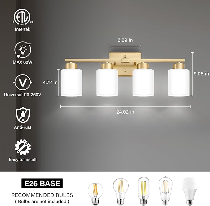 FonmYim Gold Bathroom Light Fixtures, 4-Light Modern Vanity Light Over Mirror, Wall Sconces with Milky White Frosted Glass Shades, E26 Socket (Bulbs Not Included)