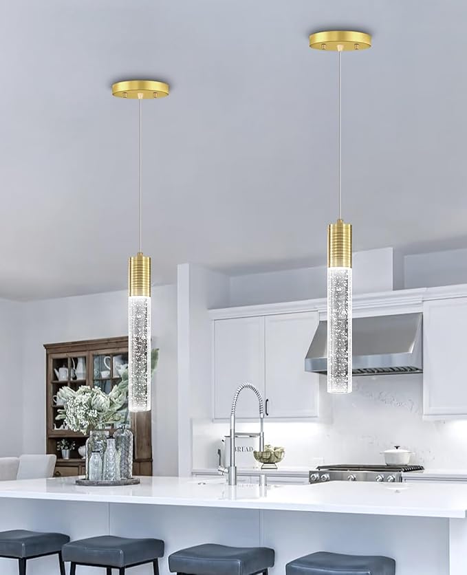 HAIXIANG 4 Pcaks Pendant Lights for Kitchen Island, White Light, Gold Crystal Linear Pendant Lighting, Bar Corner LED Light Fixture
