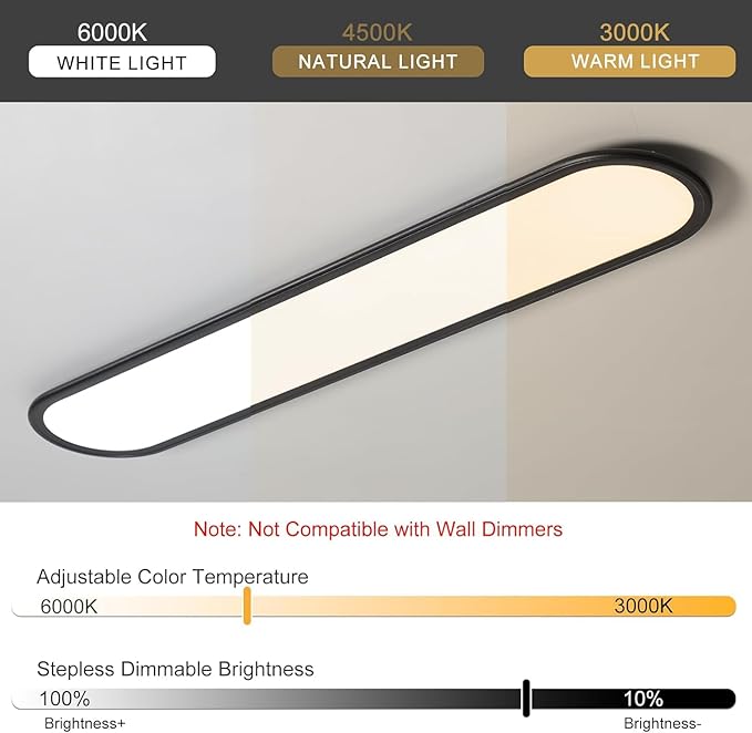 Ganeed LED Flat Panel Long Ceiling Light Fixture for Shop Lighting, 47.24" High Brightness Linear LED Ceiling Lamp, 51W Dimmable Low Profile Flush Mount Ceiling Light for Laundry Kitchen Office, Black