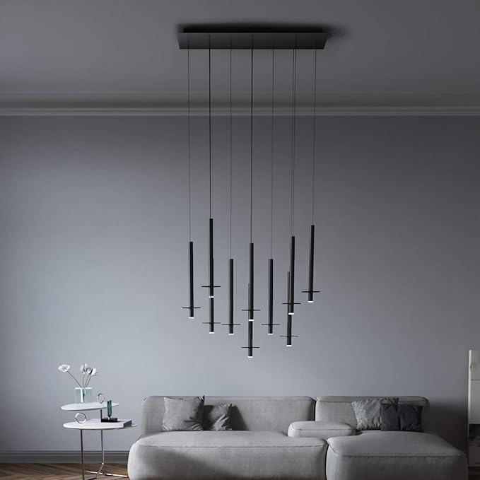 Draco 10 Pendant Lighting Black – LED Hanging Light Fixture for Kitchen Island, Bar, Foyer – Equilateral Cluster of Mini Metal Rod Pipe Tube Cylinders – Dimmable, Adjustable Wire, Lamp Bulb Included