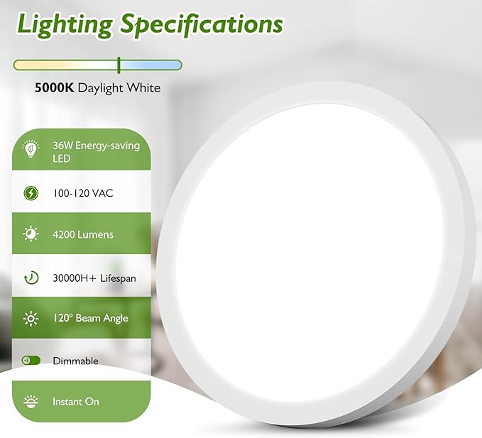 19 Inch Large Flush Mount Ceiling Light Fixture, 36W 4200Lm Dimmable Modern Recessed Ceiling Lamp, 5000K Daylight White Ultra Thin Low Profile Flat Ceiling Light for Kitchen Bedroom Hallway, 1-Pack