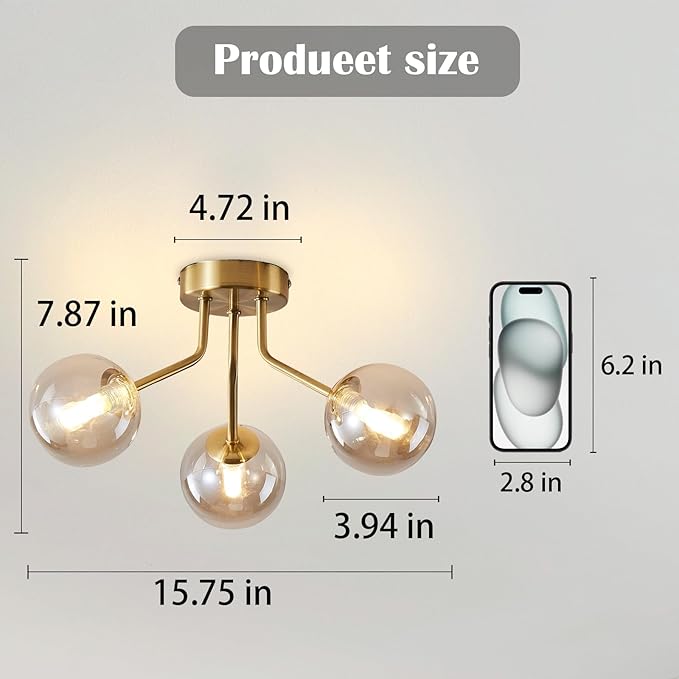 Modern Sputnik Chandeliers 3 Light Gold Semi Flush Mount Ceiling Light Fixture Pendant Lamps Bulbs with Glass Globe Lighting for Bedroom Kitchen Dining Room Office